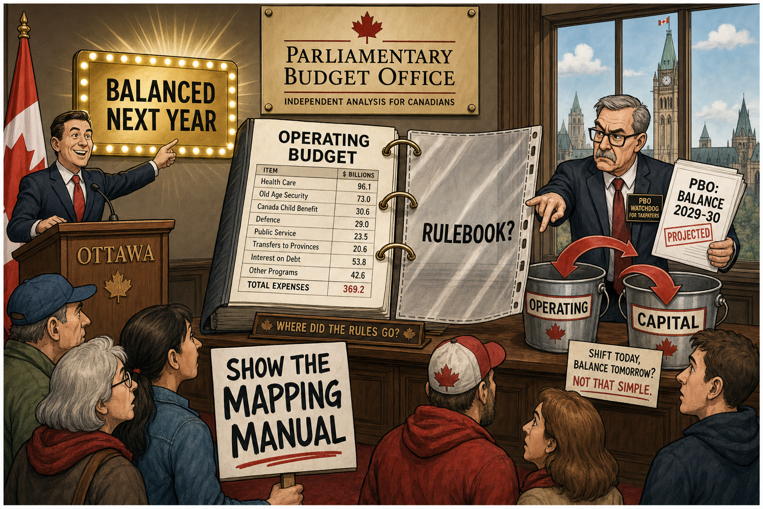 Editorial cartoon showing Ottawa claiming a balanced operating budget while the PBO asks for the operating-capital rulebook and taxpayers demand the mapping manual.