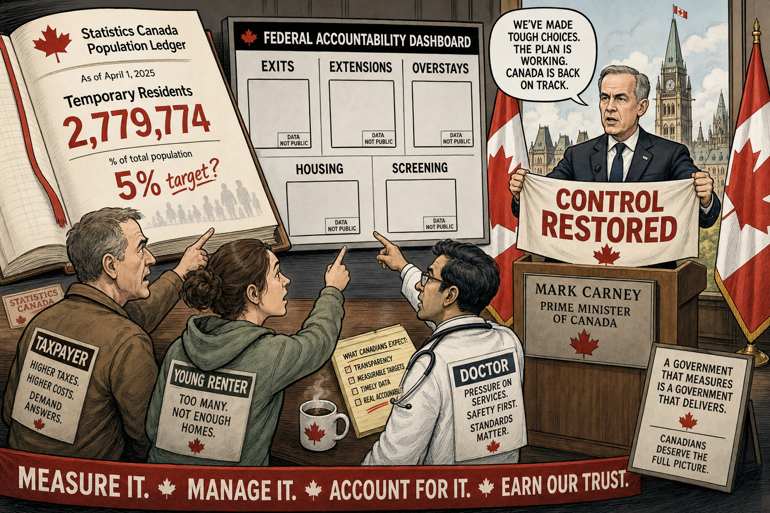 Editorial cartoon showing a Statistics Canada temporary-resident ledger while taxpayers demand exits, extensions, housing and screening data from Ottawa.