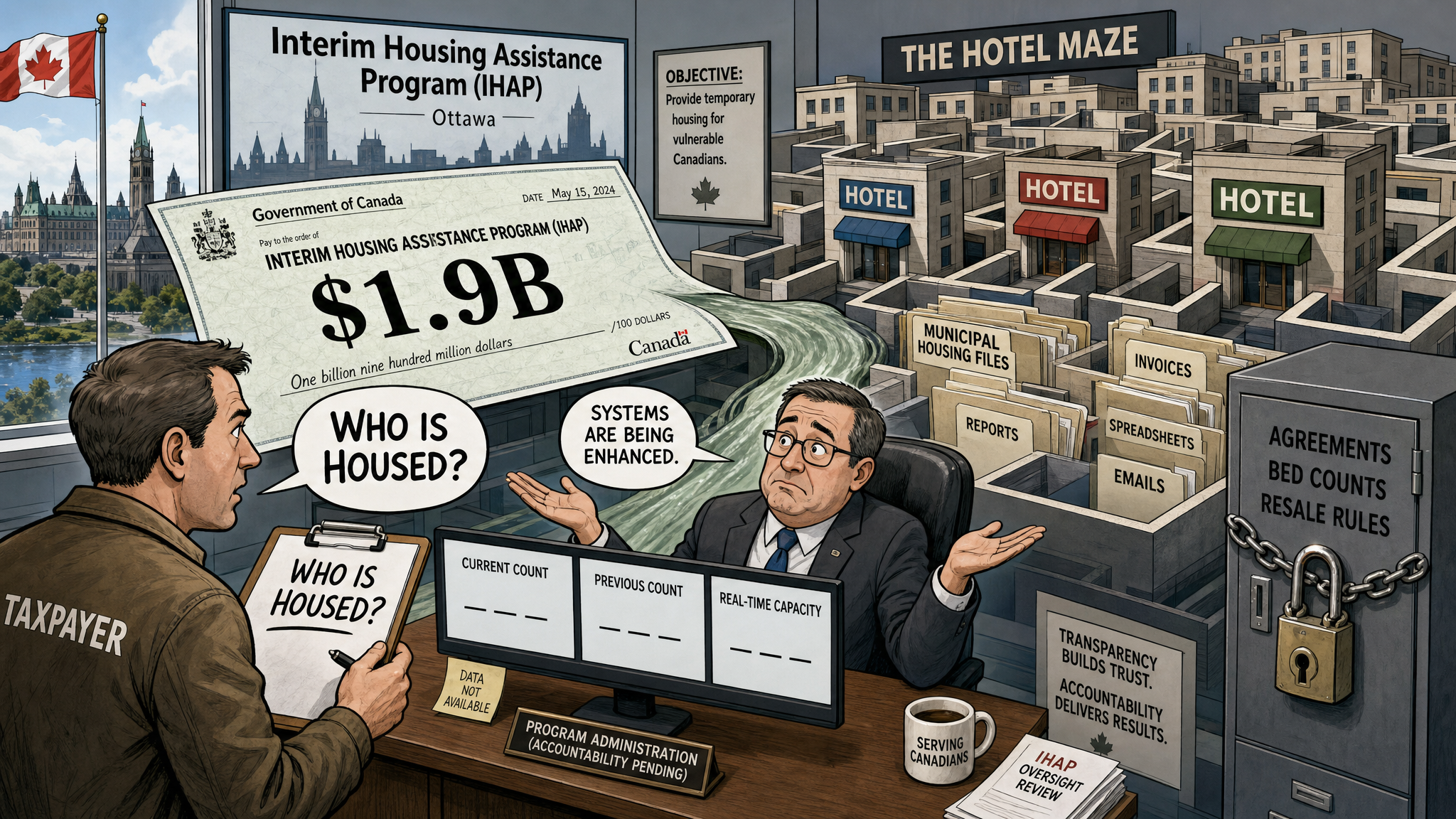 Editorial cartoon showing a $1.9 billion IHAP cheque flowing into hotels and housing files while taxpayers ask Ottawa for current occupancy counts and a public ledger.