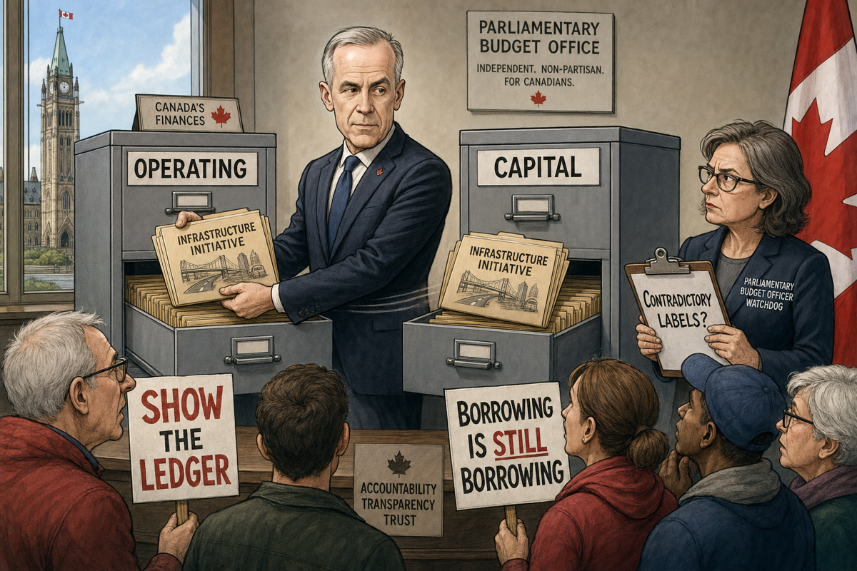 Editorial cartoon showing Prime Minister Mark Carney moving folders between operating and capital budget cabinets while a PBO watchdog asks for the contradictory labels ledger.