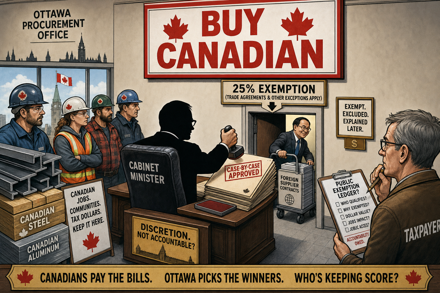 Editorial cartoon showing a Buy Canadian sign with a 25 percent exemption trapdoor while taxpayers demand a public exemption ledger.