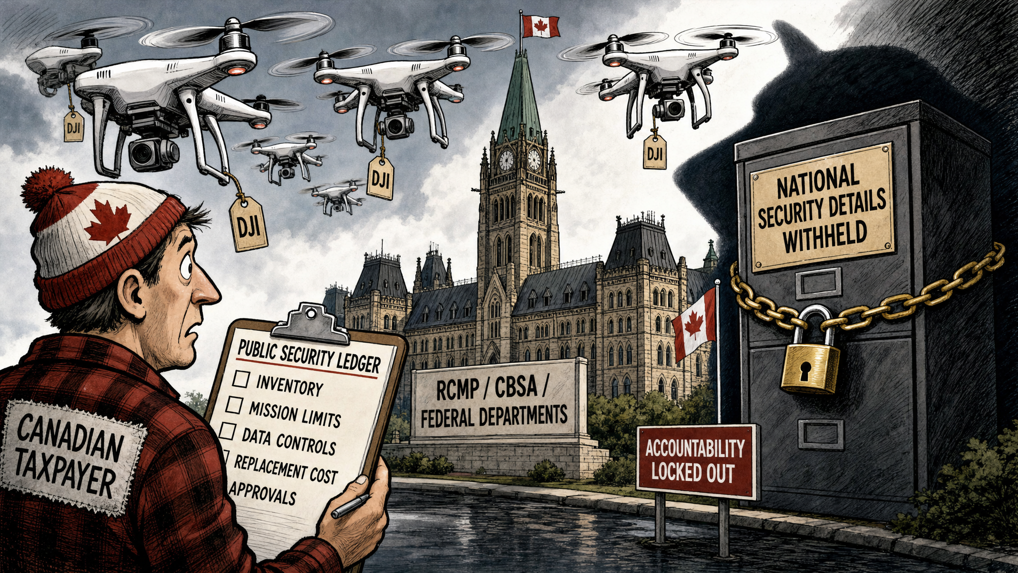 Editorial cartoon showing Chinese-made drones over RCMP, CBSA and federal departments while a taxpayer demands a public security ledger.