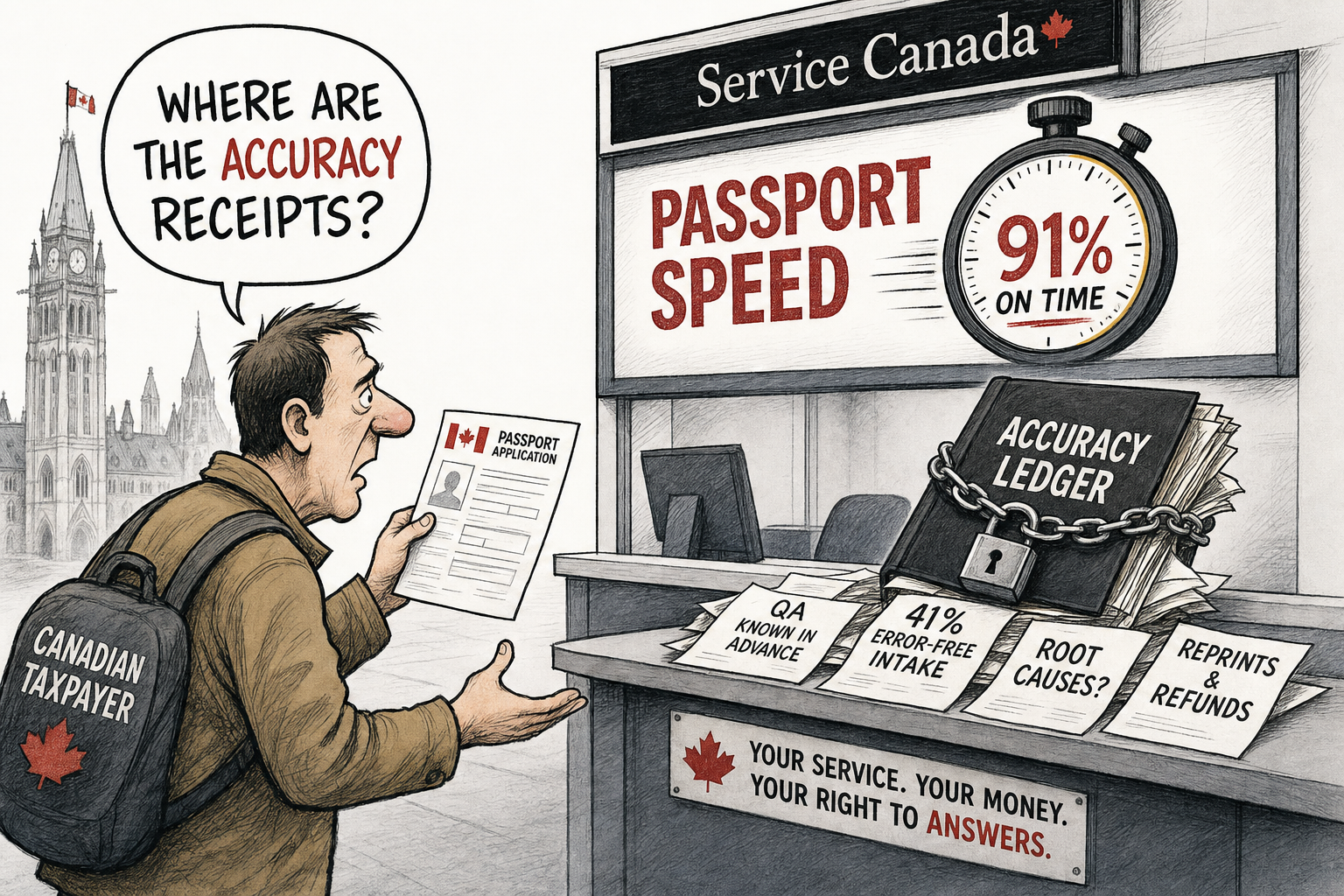 Editorial cartoon showing a passport counter celebrating speed while a locked accuracy ledger and quality assurance warnings sit behind it.