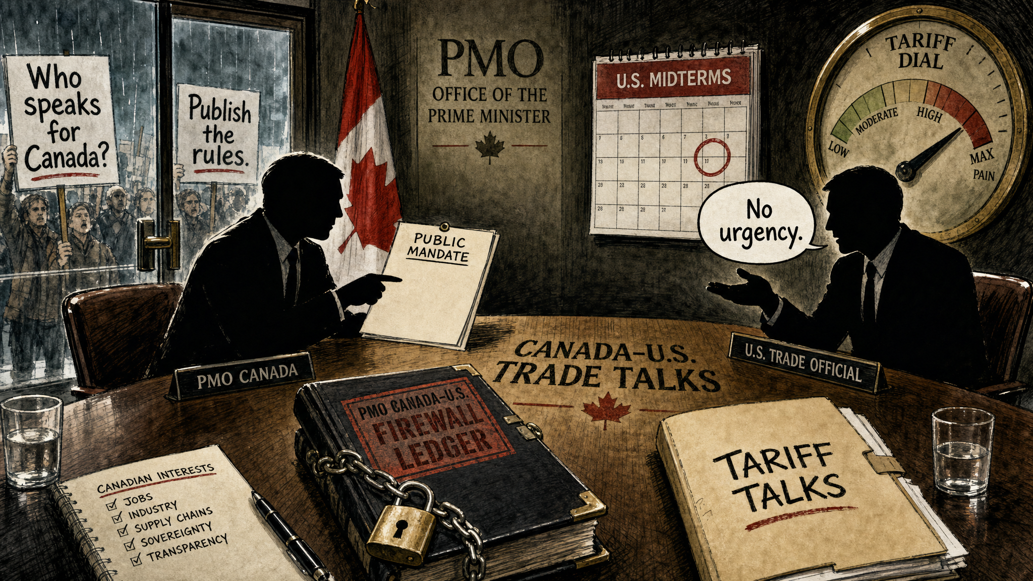 Editorial cartoon showing a locked PMO Canada-U.S. firewall ledger beside tariff talks while taxpayers ask who speaks for Canada.