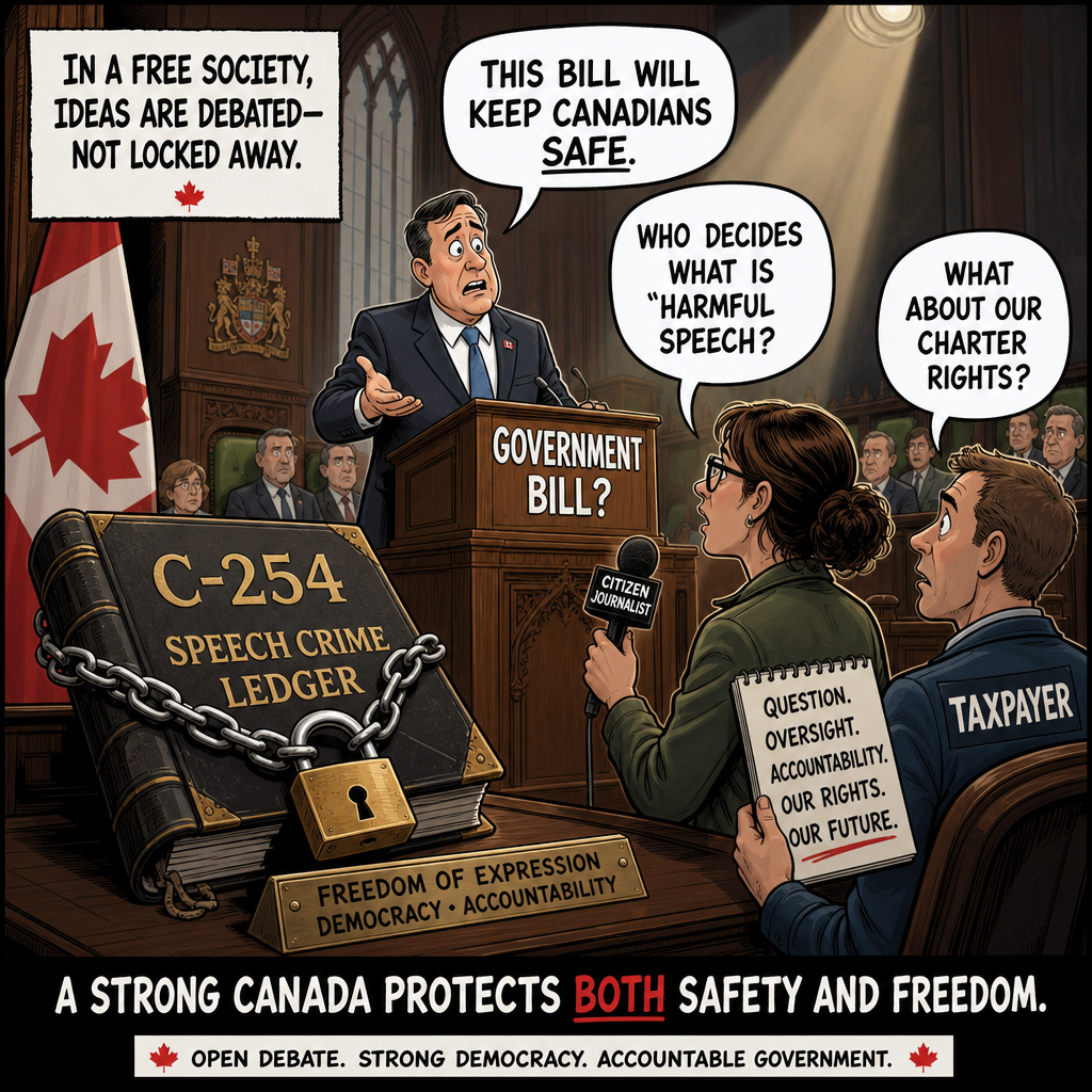 Editorial cartoon showing a locked C-254 speech-crime ledger in Parliament while citizens ask whether cabinet will turn it into a government bill.