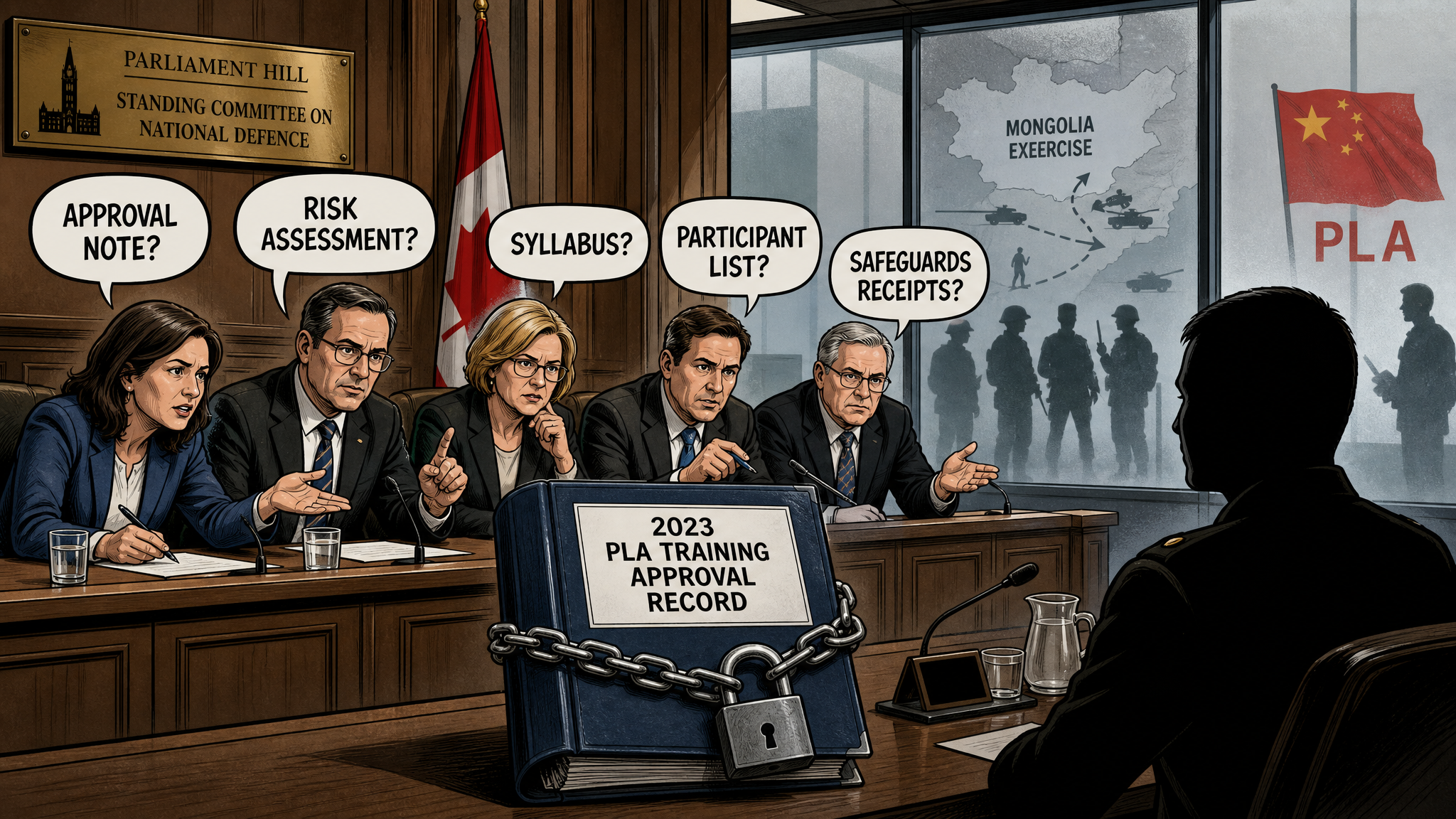 Editorial cartoon showing a locked 2023 PLA training approval record in a Parliament committee room while taxpayers ask for the approval note, risk assessment, syllabus and safeguards.