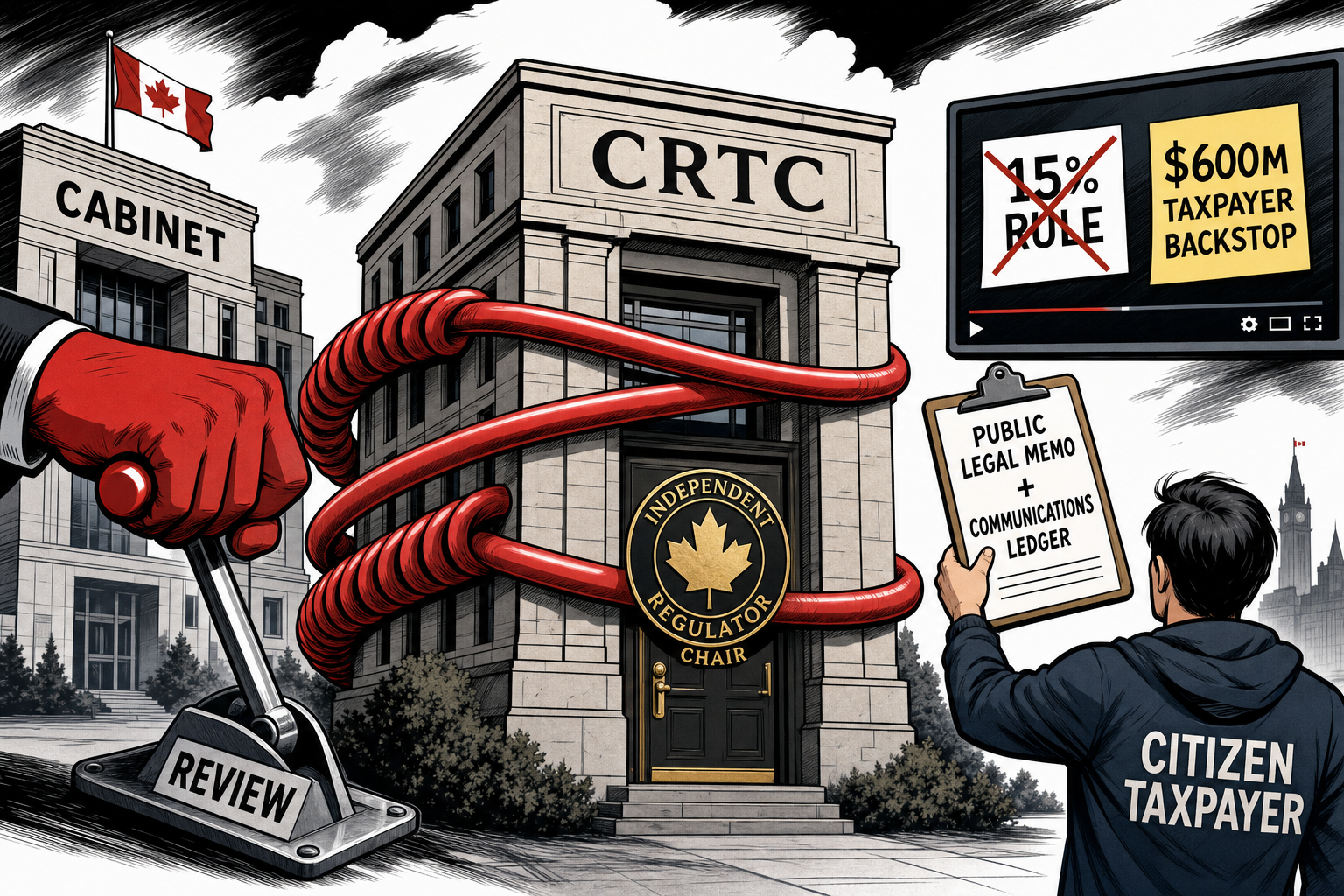 Editorial cartoon showing cabinet tugging a phone cord around a CRTC building while a taxpayer asks for the public legal memo and communications ledger.