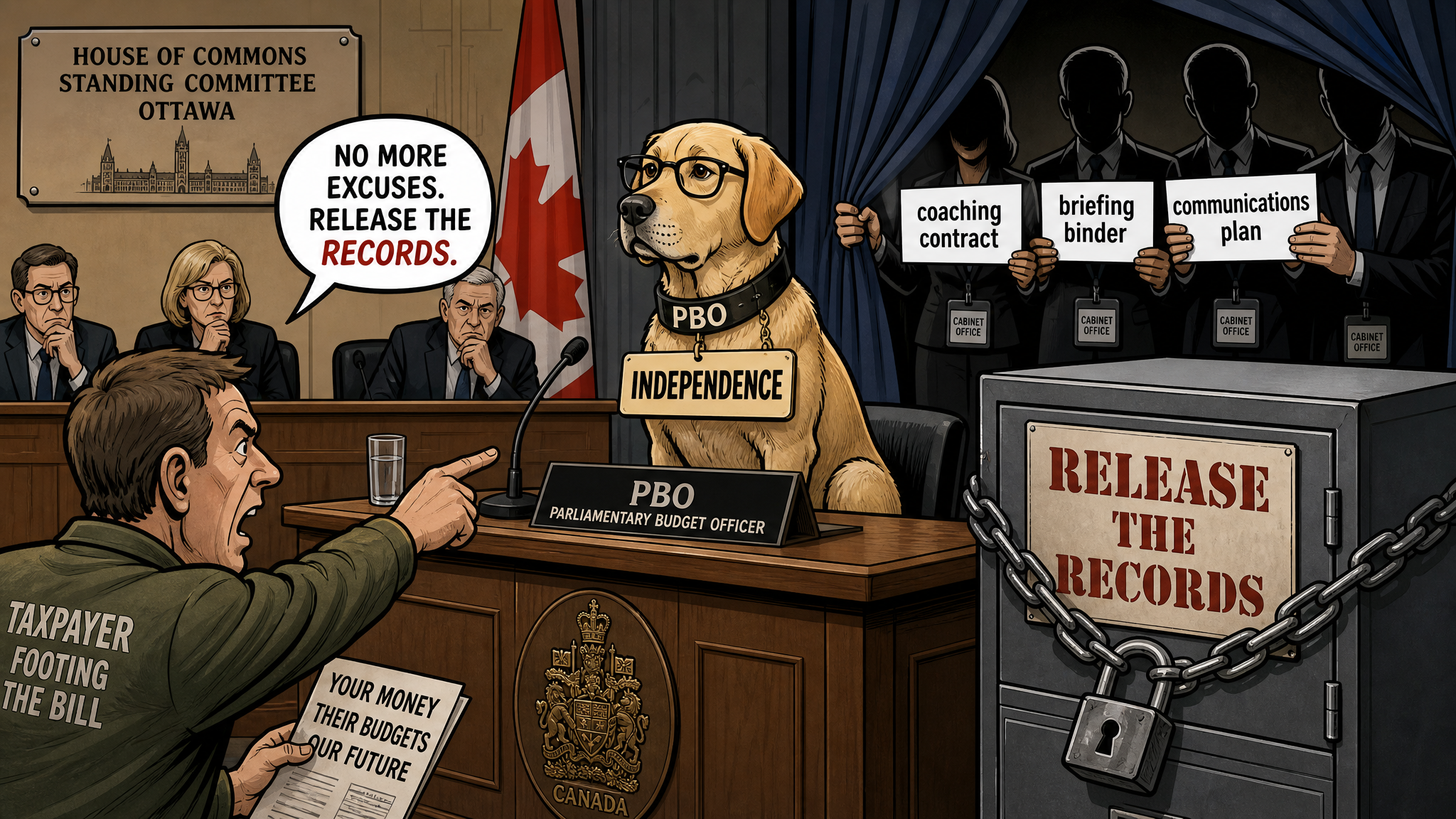 Editorial cartoon showing a PBO watchdog at a Parliament committee table while cabinet aides hold coaching cue cards behind a curtain and a taxpayer demands the records.