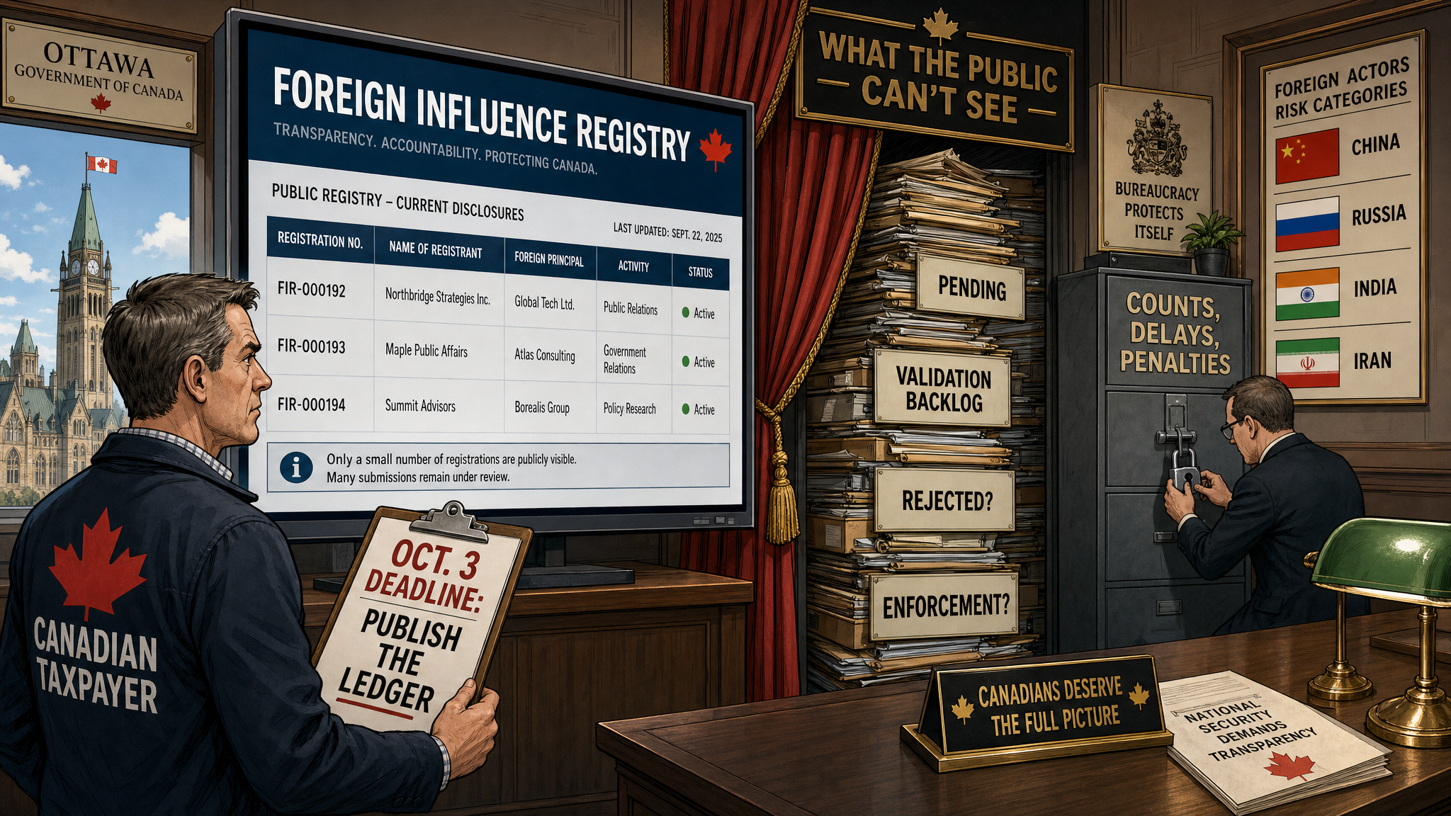 Editorial cartoon showing a foreign influence registry screen with pending and enforcement files hidden behind a curtain while a taxpayer demands an October 3 public ledger.