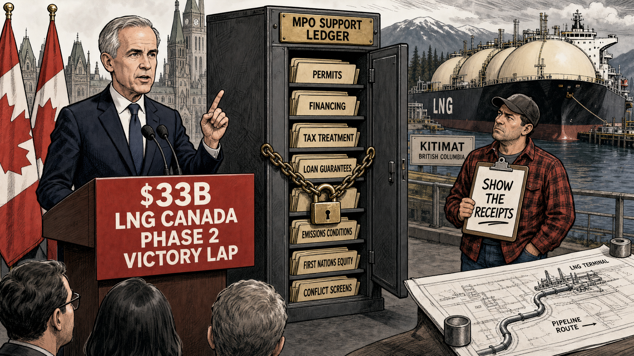 Editorial cartoon showing Mark Carney at an LNG Canada Phase 2 victory-lap podium while a taxpayer demands the locked Major Projects Office support ledger.