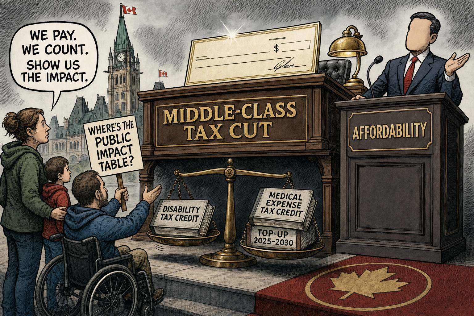 Editorial cartoon showing Ottawa selling a middle-class tax cut while Canadians ask for the Disability Tax Credit and Medical Expense Tax Credit impact ledger.