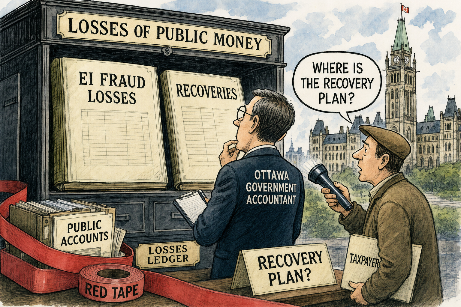 Editorial cartoon showing an Ottawa losses ledger, EI fraud losses, recoveries and a taxpayer demanding a recovery plan.