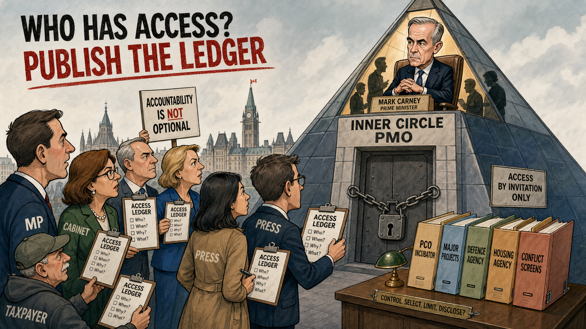 Editorial cartoon showing Mark Carney inside a locked PMO inner-circle pyramid while taxpayers demand an access ledger.