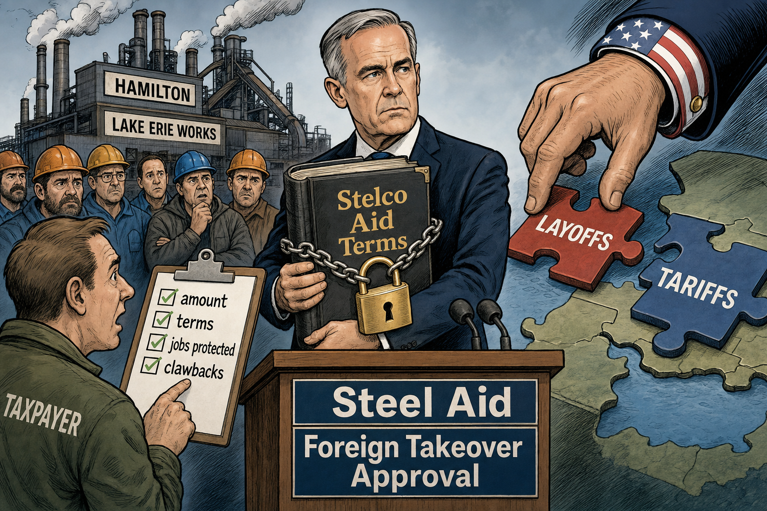Editorial cartoon showing Mark Carney holding a locked Stelco steel-aid ledger while steelworkers and taxpayers ask for the aid terms, job commitments and clawback plan.