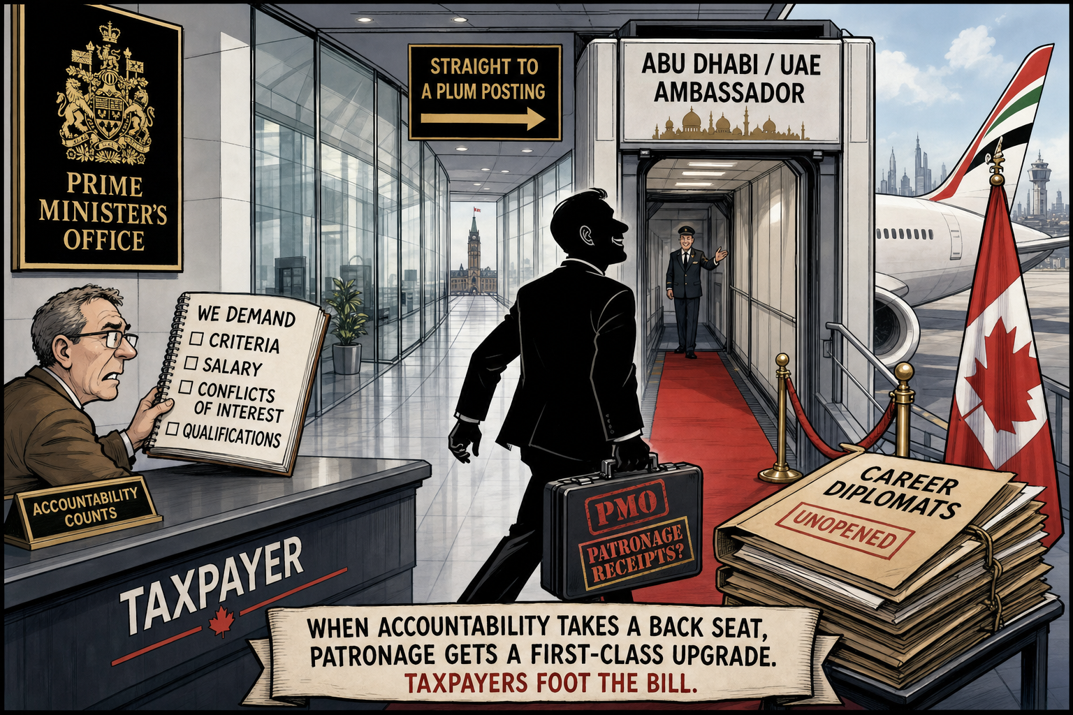 Editorial cartoon showing a PMO corridor becoming an Abu Dhabi ambassador jet bridge while taxpayers demand appointment, salary and conflict-screen receipts.