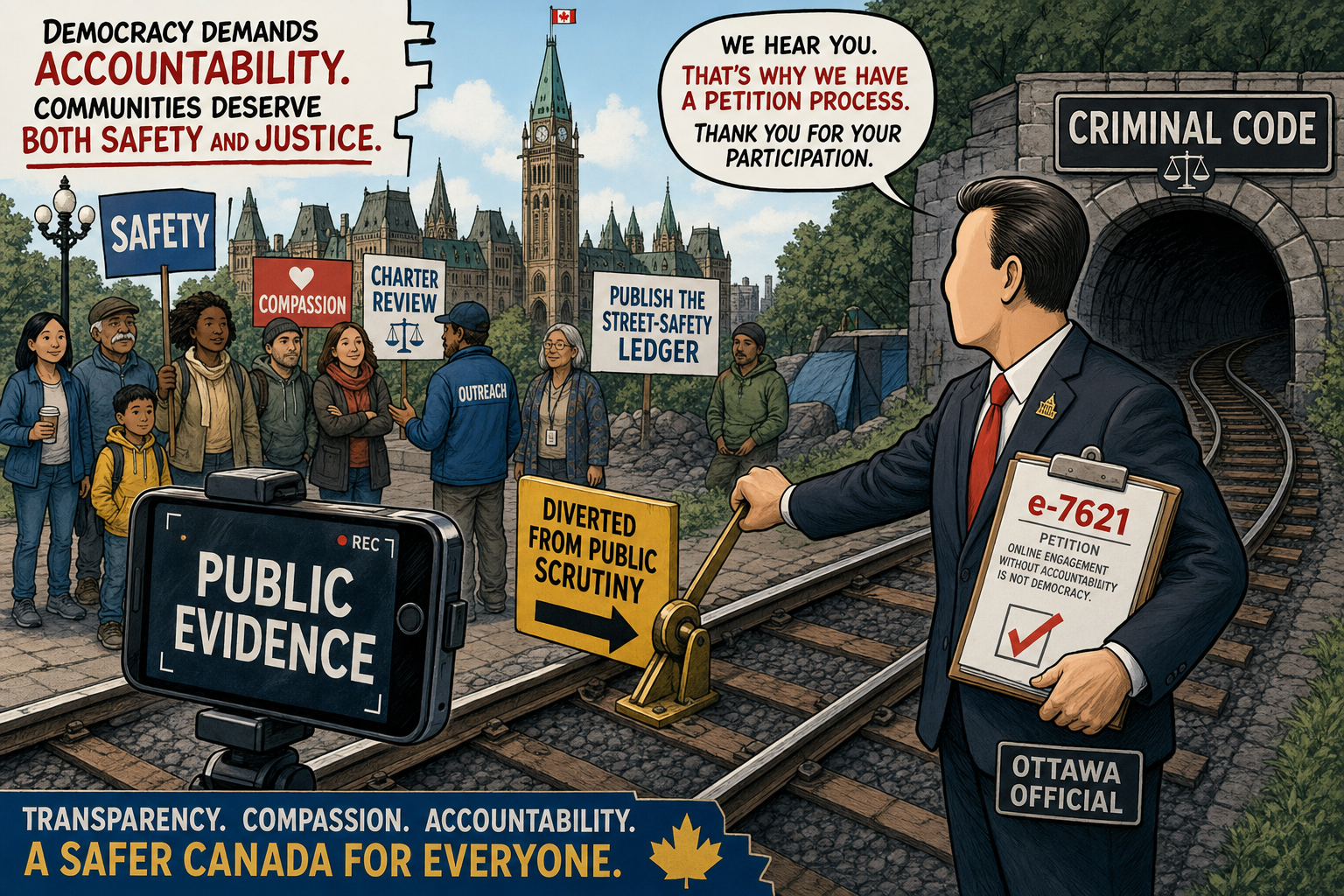 Editorial cartoon showing public street footage being diverted onto a Criminal Code track while Canadians demand safety, compassion, Charter review and public accountability receipts.