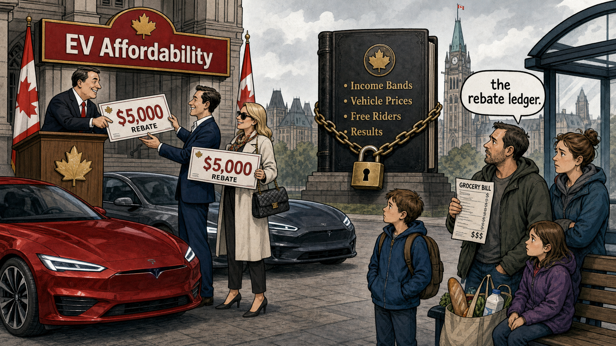Editorial cartoon showing Ottawa handing EV rebate cheques to higher-income buyers while taxpayers ask for an income and free-rider ledger.