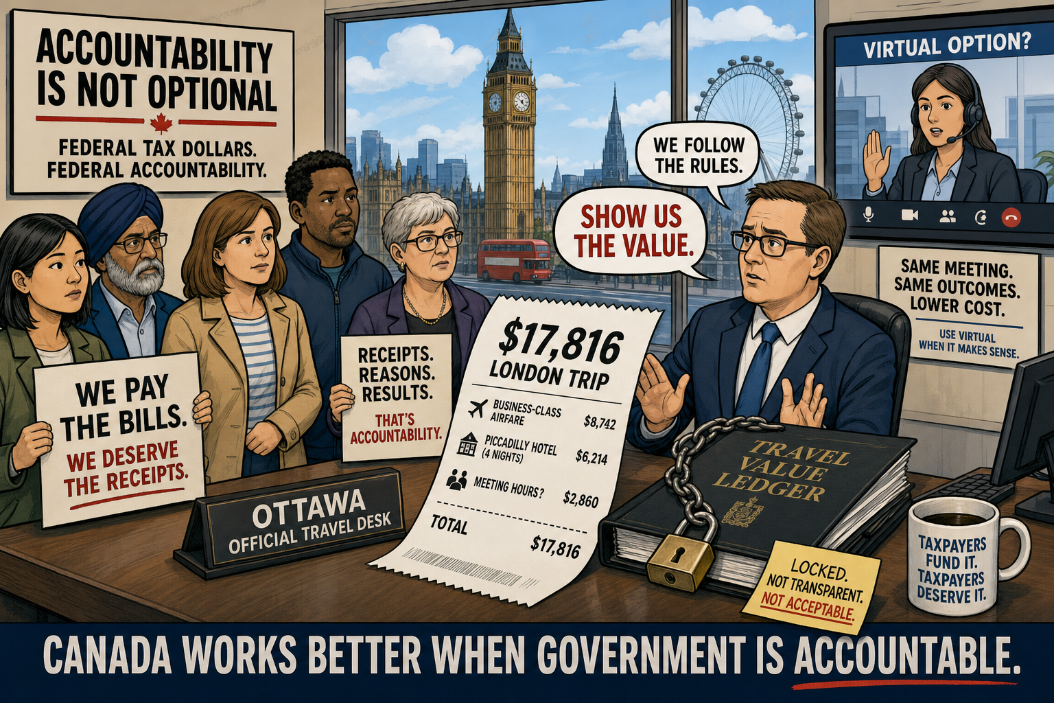 Editorial cartoon showing a $17,816 London travel receipt beside a locked travel-value ledger while taxpayers ask for meeting hours and deliverables.