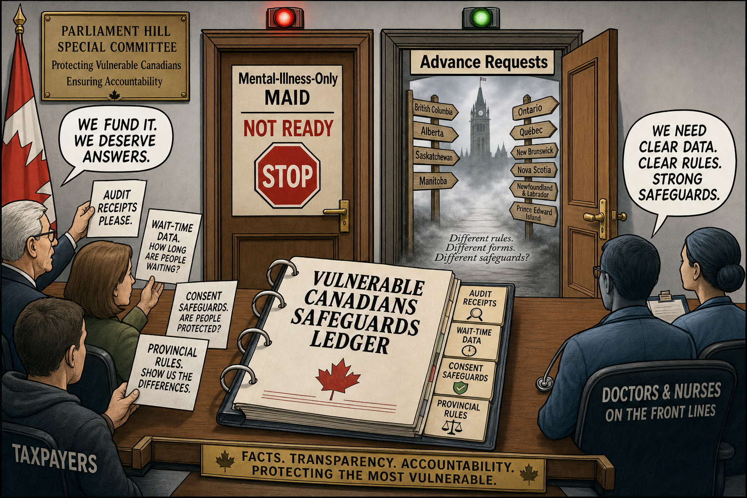 Editorial cartoon showing Parliament asked to publish a vulnerable Canadians safeguards ledger before changing MAID rules on mental illness and advance requests.
