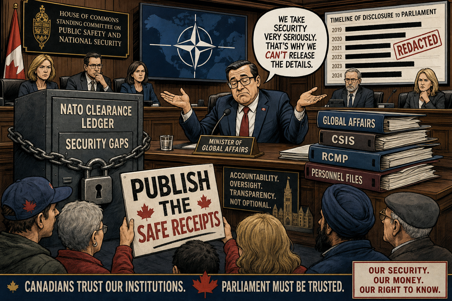 Editorial cartoon showing a locked NATO clearance ledger while taxpayers ask Ottawa to publish safe security-screening receipts.