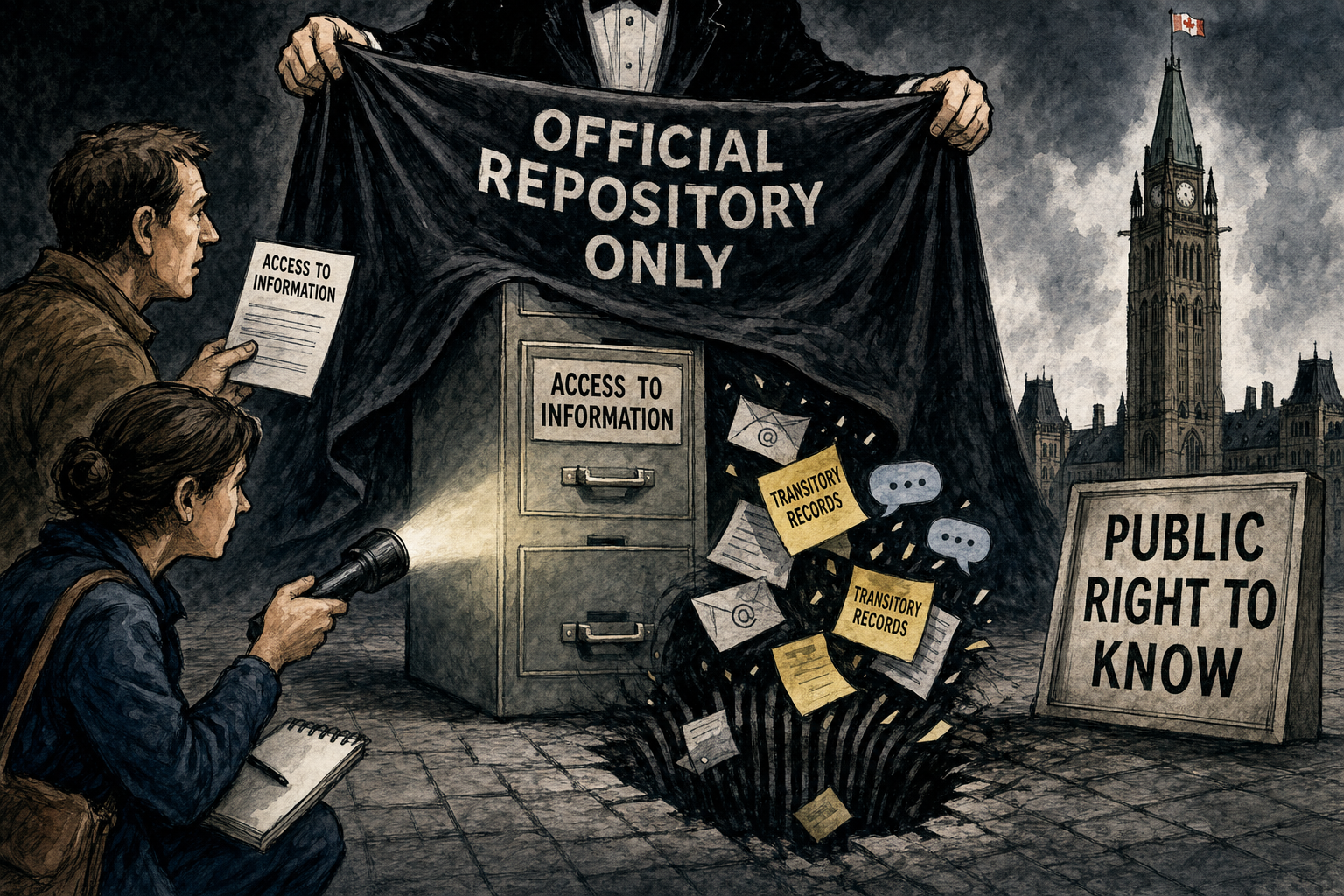 Editorial cartoon showing Access to Information records, emails and text messages vanishing behind an official repository curtain while taxpayers demand a red-line ledger.