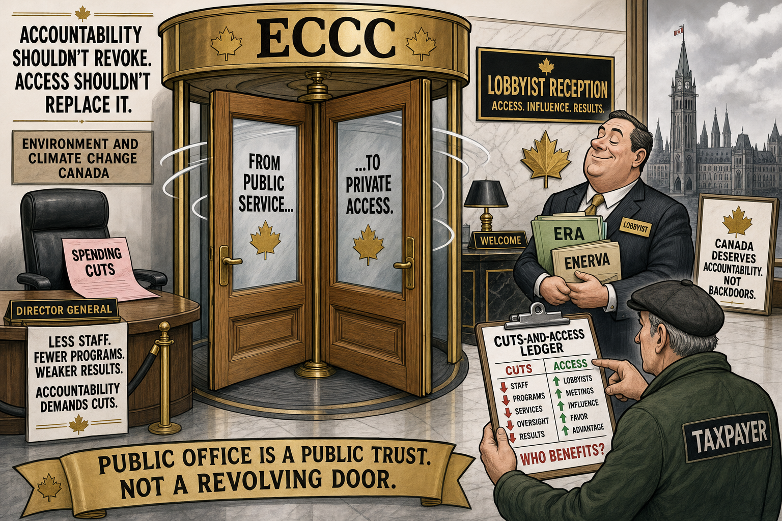 Editorial cartoon showing an ECCC public-service desk turned into a revolving door to a lobbying desk while taxpayers demand a cuts-and-access ledger.