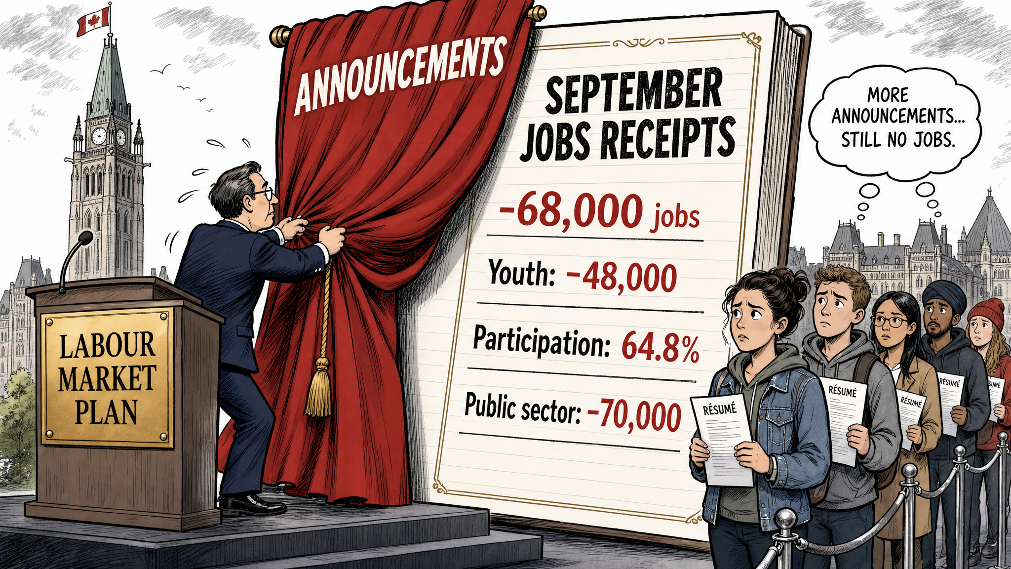 Editorial cartoon showing young job seekers beside a September jobs ledger listing 68,000 job losses and 48,000 youth losses while Ottawa hides behind announcements.