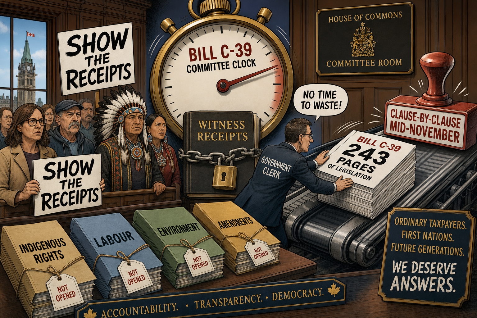 Editorial cartoon showing Bill C-39 on a fast committee clock while citizens demand public witness receipts, Indigenous-rights records, labour analysis and amendment ledgers.