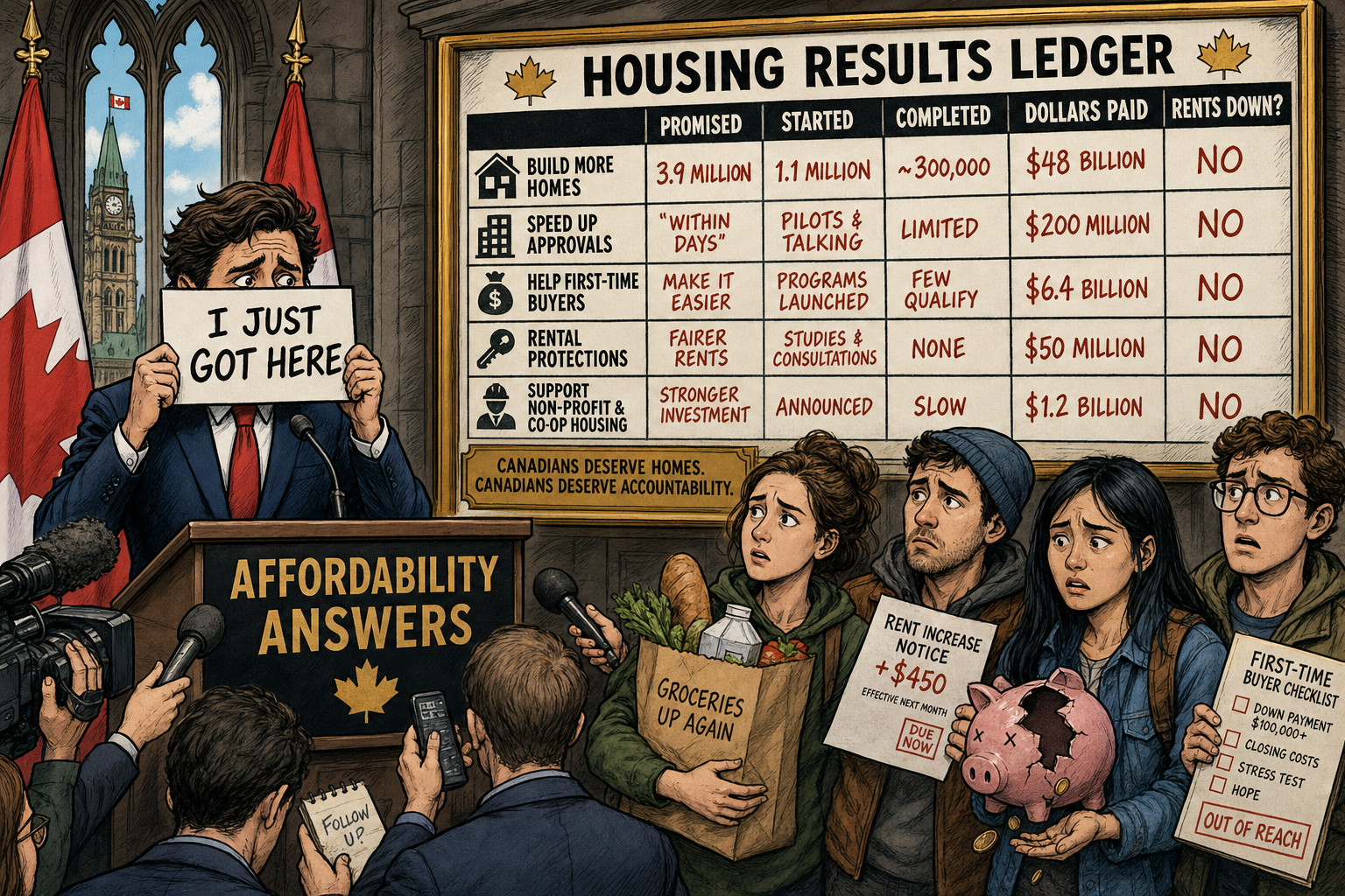 Editorial cartoon showing a housing results ledger beside renters and first-time buyers while a politician hides behind an I just got here placard.