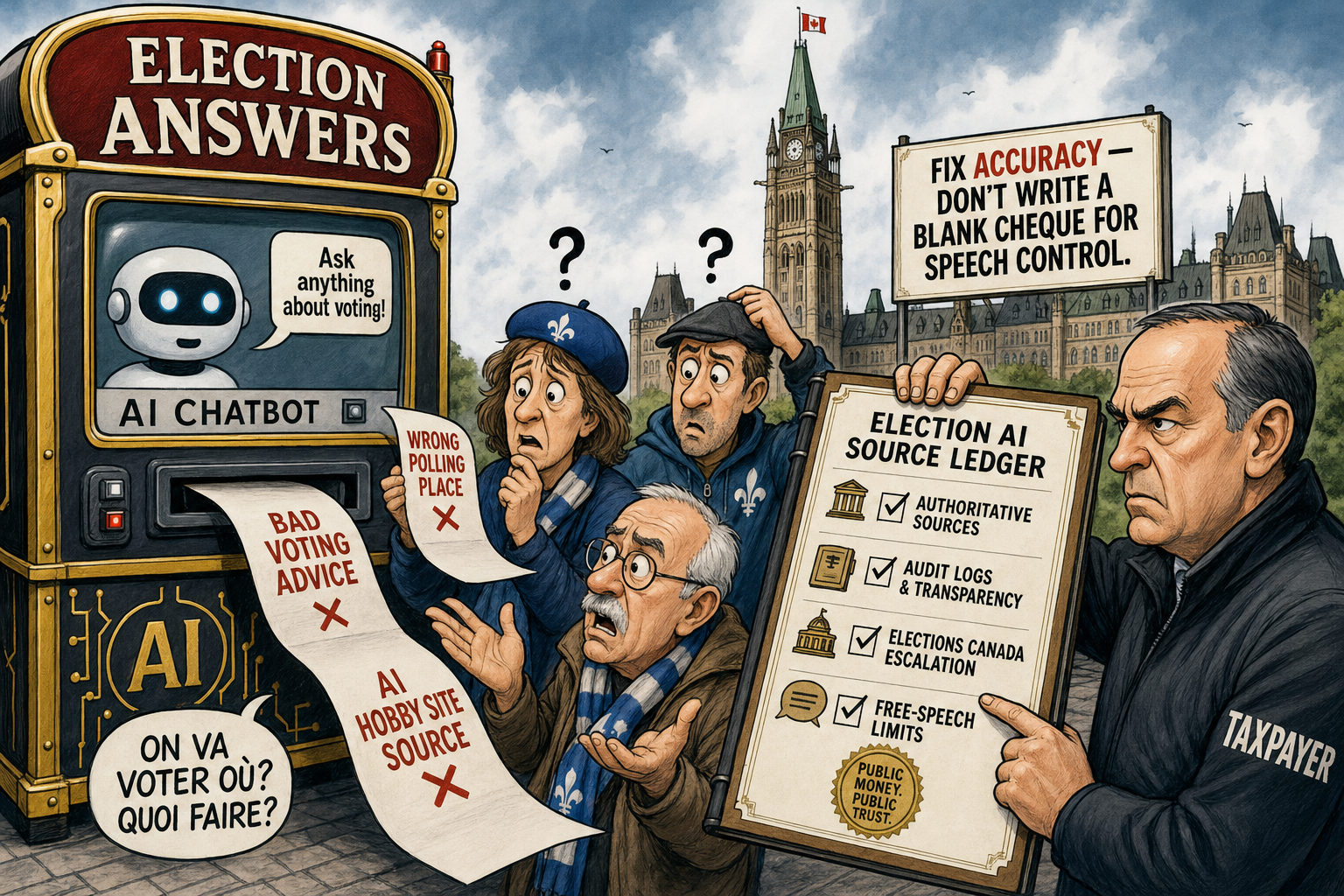Editorial cartoon showing an AI chatbot giving wrong election information while voters demand an election AI source ledger and limits on speech control.