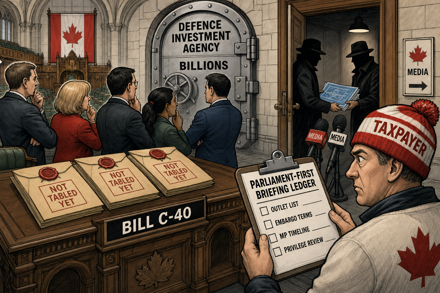 Editorial cartoon showing MPs waiting for Bill C-40 details while anonymous sources brief media beside a Defence Investment Agency vault and a Parliament-first briefing ledger.