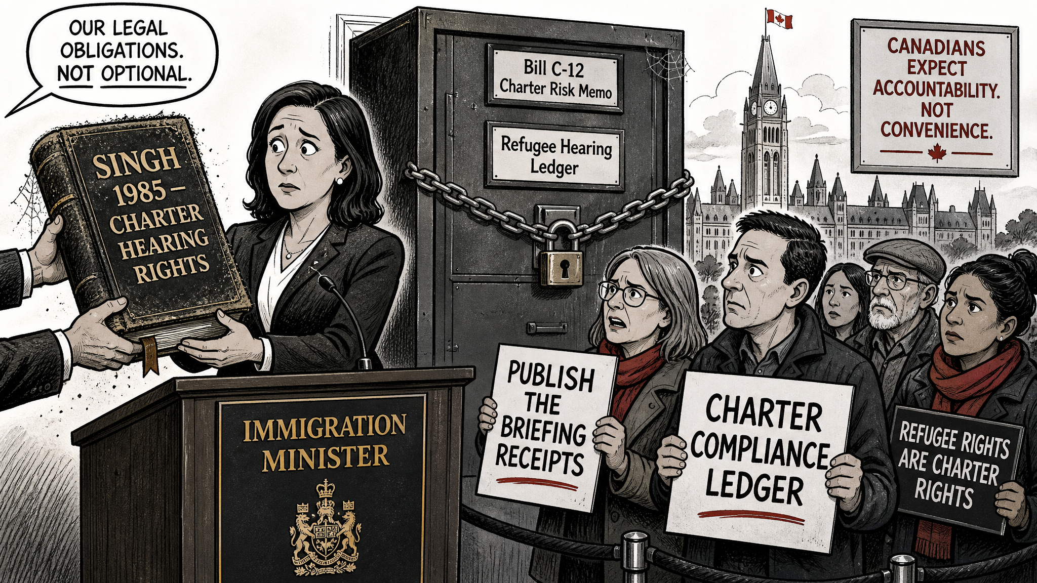 Editorial cartoon showing an immigration minister podium, a Singh 1985 Charter rights book and a locked Bill C-12 Charter risk memo cabinet while taxpayers demand a refugee hearing ledger.