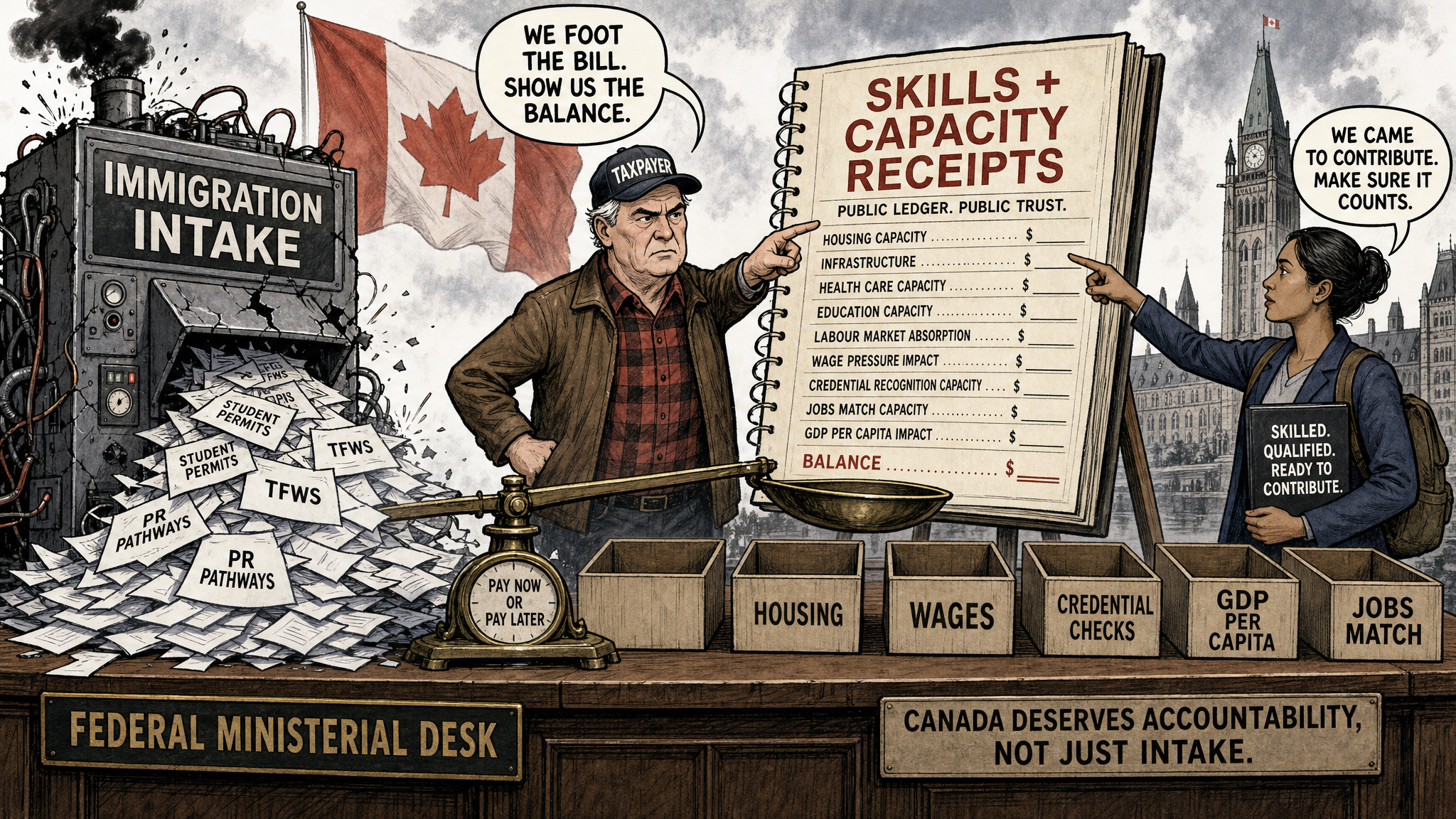 Editorial cartoon showing Ottawa's immigration intake machine dumping permits and pathways while taxpayers and skilled newcomers demand a public skills and capacity ledger.
