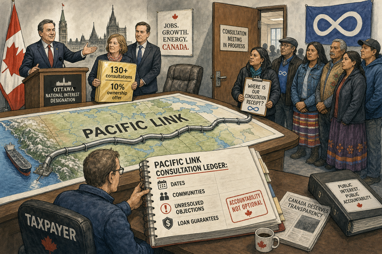 Editorial cartoon showing Pacific Link officials with a consultation folder while Métis community leaders ask for a public consultation ledger.