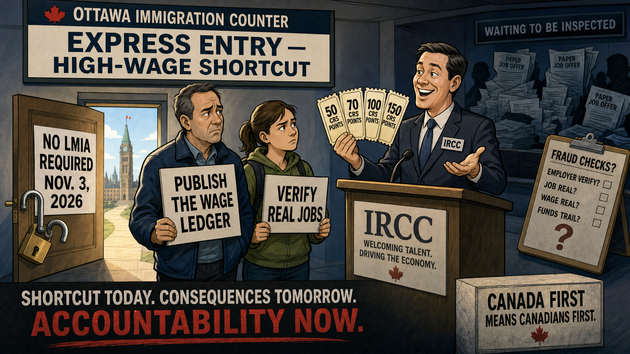 Editorial cartoon showing an Express Entry high-wage shortcut door with no LMIA required while taxpayers and Canadian workers demand a public wage and fraud ledger.