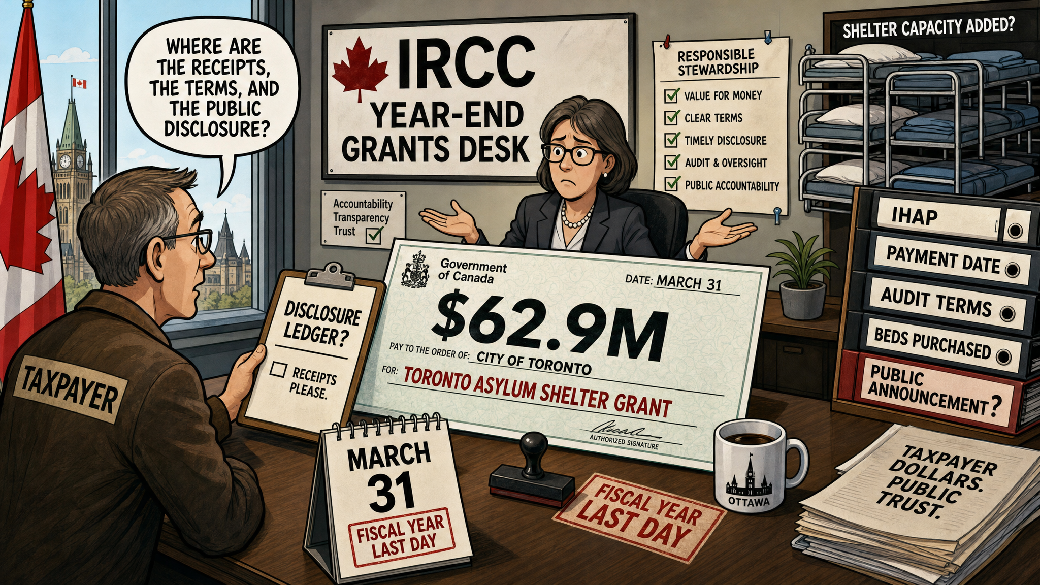 Editorial cartoon showing an IRCC year-end grants desk with a $62.9 million Toronto asylum shelter grant dated March 31 while a taxpayer demands a public disclosure ledger.