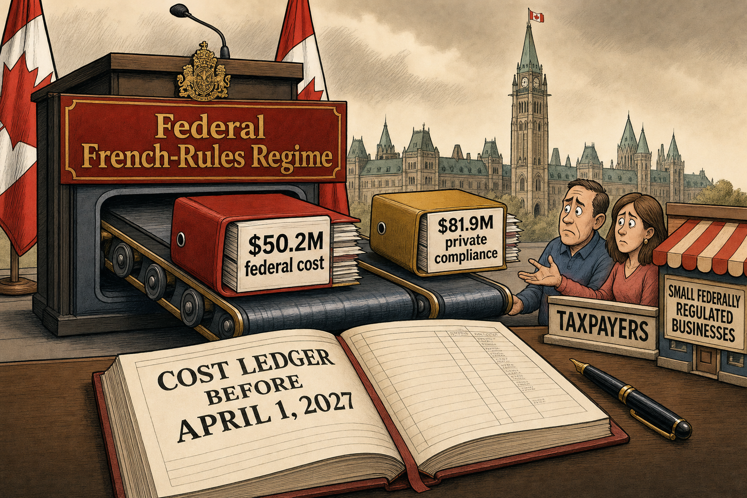 Editorial cartoon showing Ottawa’s federal French-rules regime with taxpayer and business cost folders beside a public cost ledger.