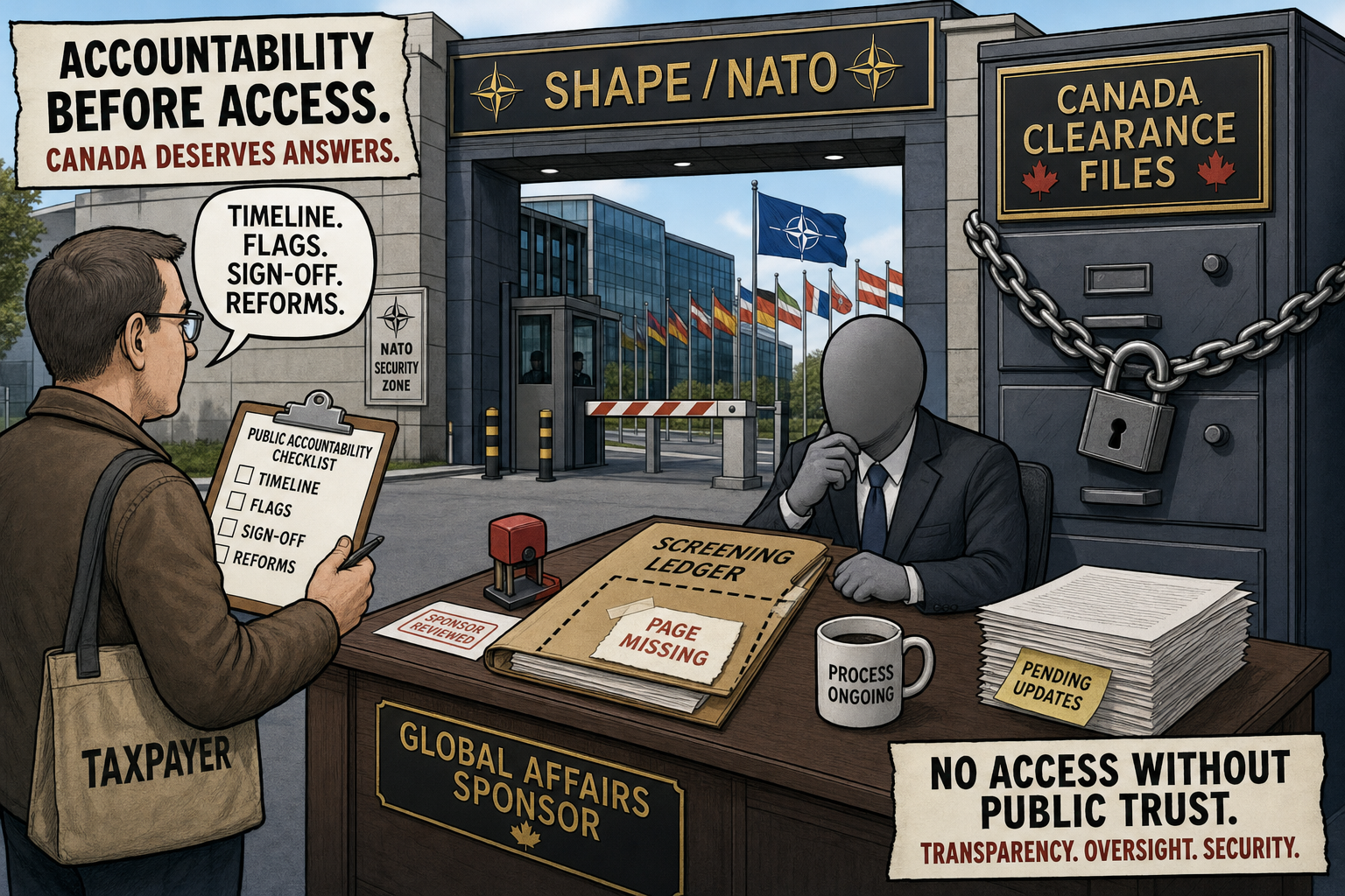 Editorial cartoon showing a NATO security gate, a Global Affairs sponsor desk and taxpayers demanding a Canadian clearance ledger.