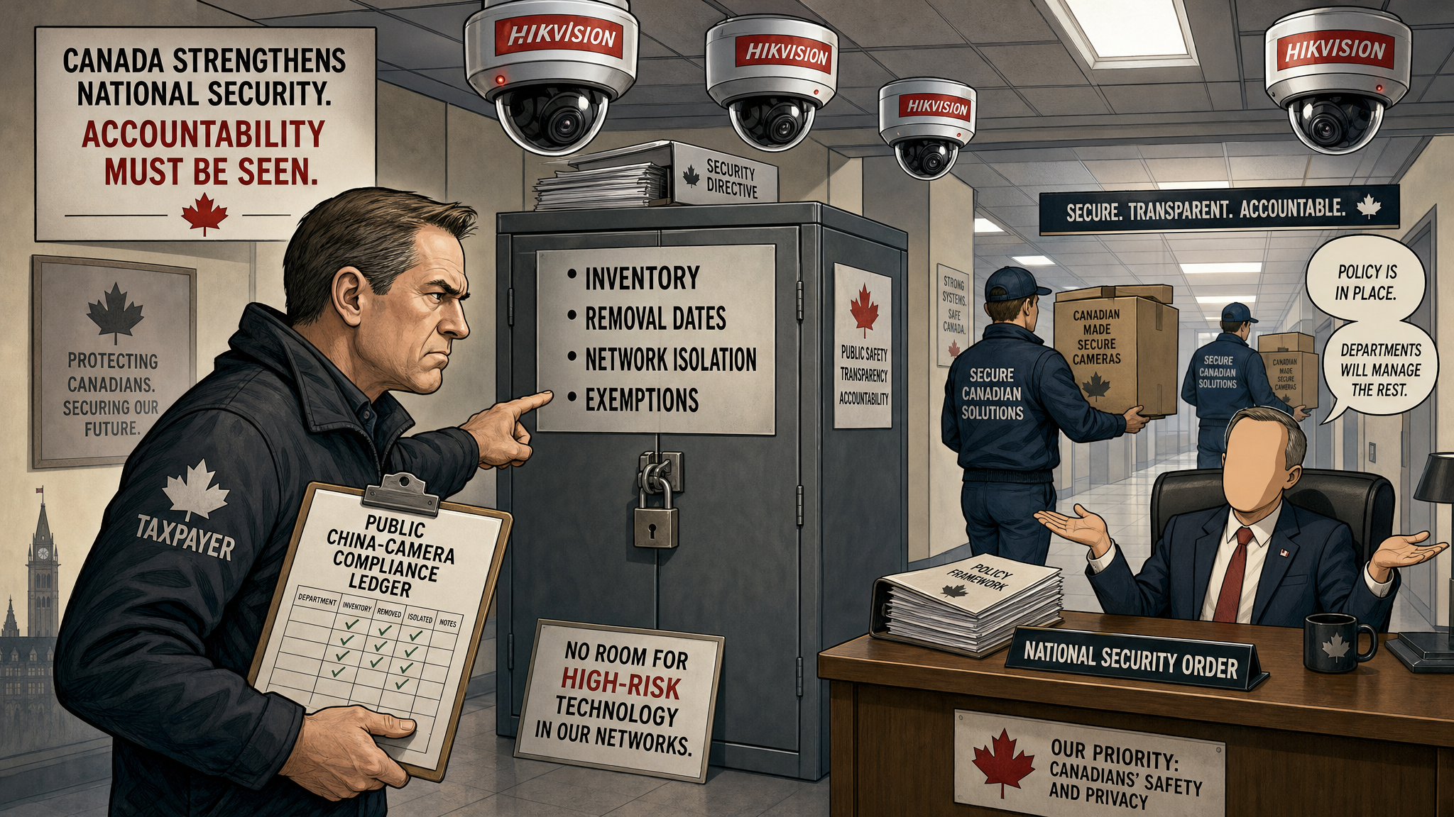 Editorial cartoon showing Hikvision cameras still mounted in a federal office while a taxpayer demands a public China-camera compliance ledger.