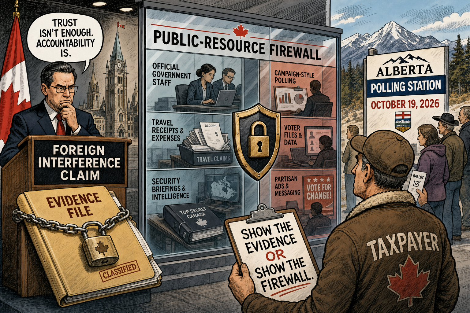 Editorial cartoon showing an Alberta referendum polling station, a locked foreign-interference evidence folder and a public-resource firewall separating official government activity from partisan campaign tools.