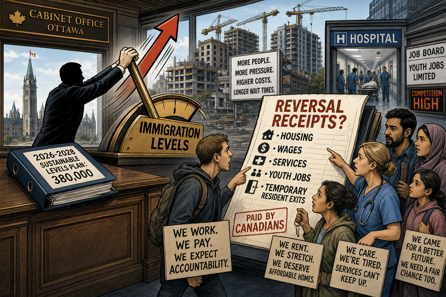 Editorial cartoon showing Ottawa preparing to raise immigration levels while taxpayers demand a reversal ledger for housing, wages, services, youth jobs and temporary-resident exits.