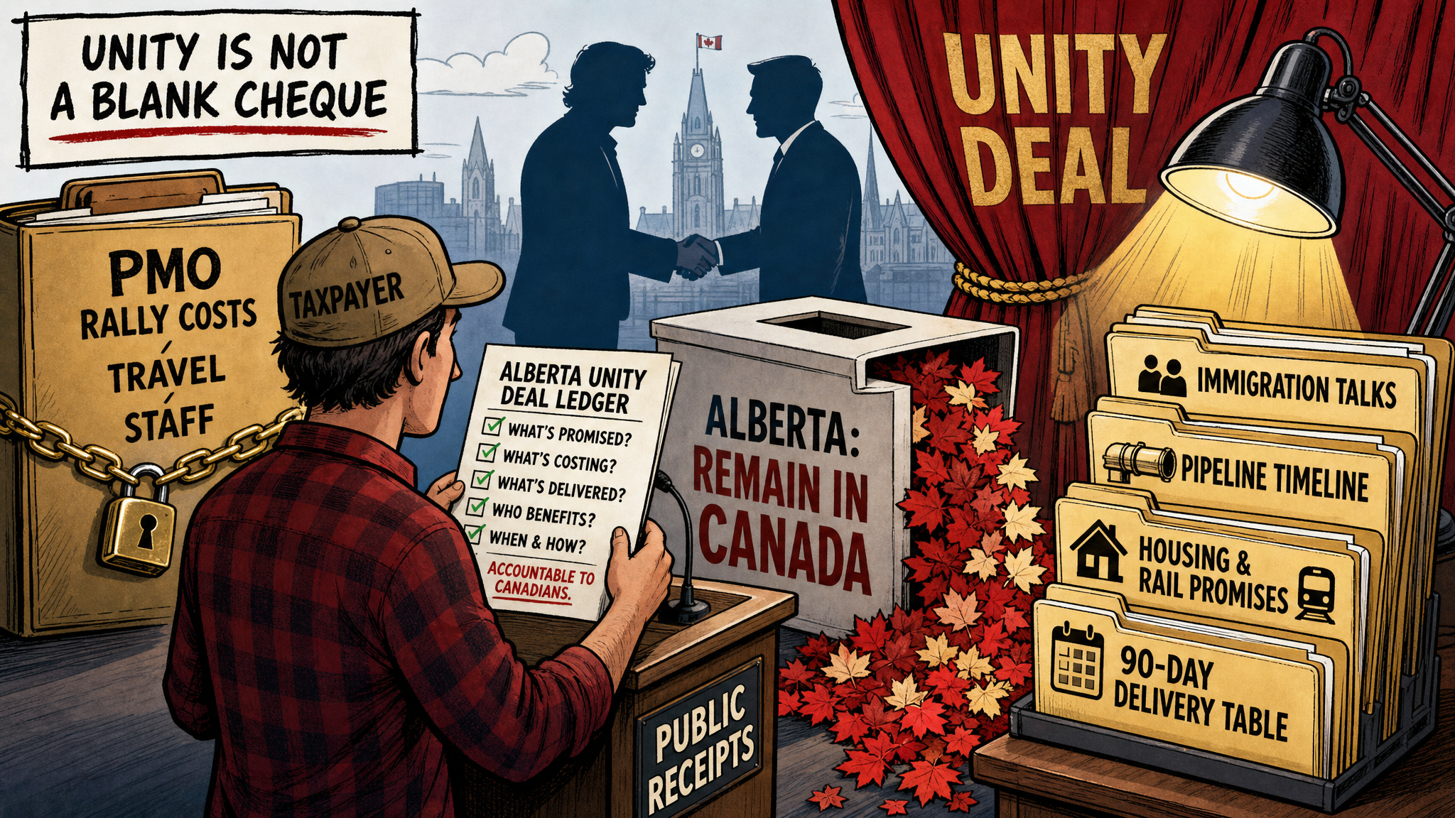 Editorial cartoon showing a taxpayer demanding an Alberta unity deal ledger for PMO costs, immigration talks, pipeline timelines and delivery promises after Albertans voted to remain in Canada.