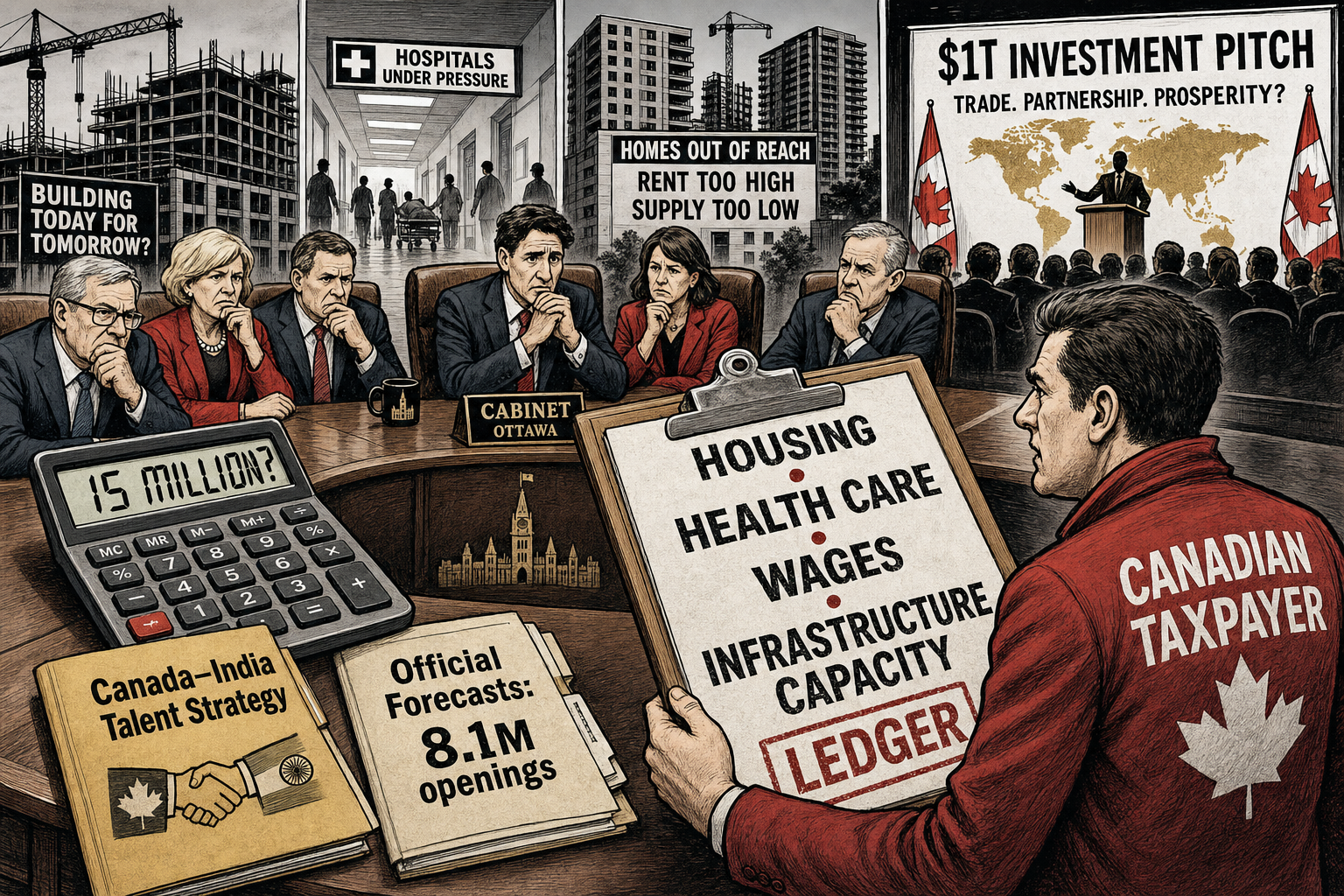Editorial cartoon showing a taxpayer demanding a housing, health care, wages and infrastructure capacity ledger beside Canada-India talent strategy and official labour forecast folders.