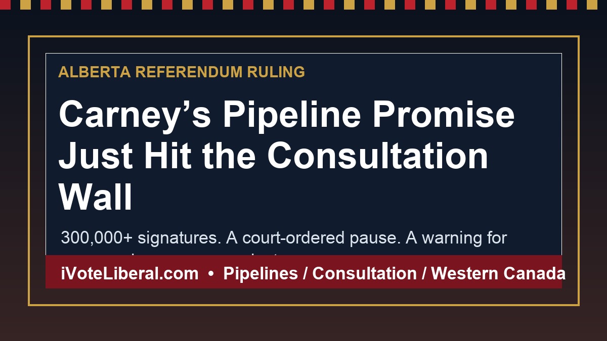 Editorial graphic warning that Alberta referendum ruling creates a pipeline consultation test