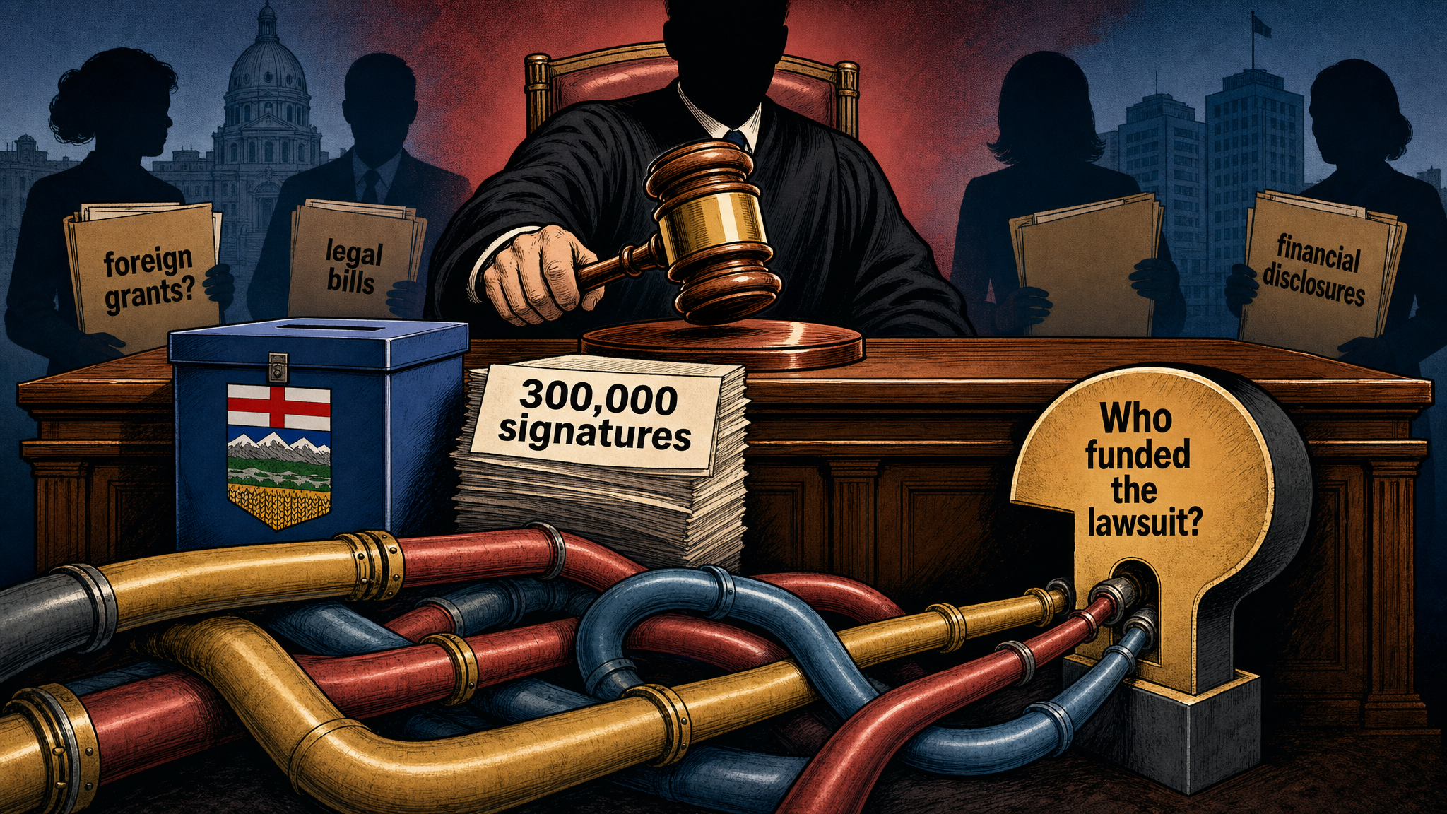 Editorial cartoon asking who funded the lawsuit that stopped Alberta signatures