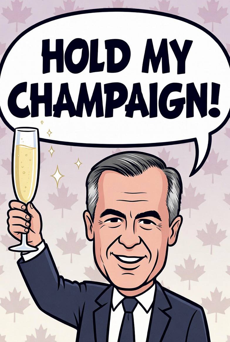 Hold My Champaign! — Mark Carney cartoon raising a champagne glass