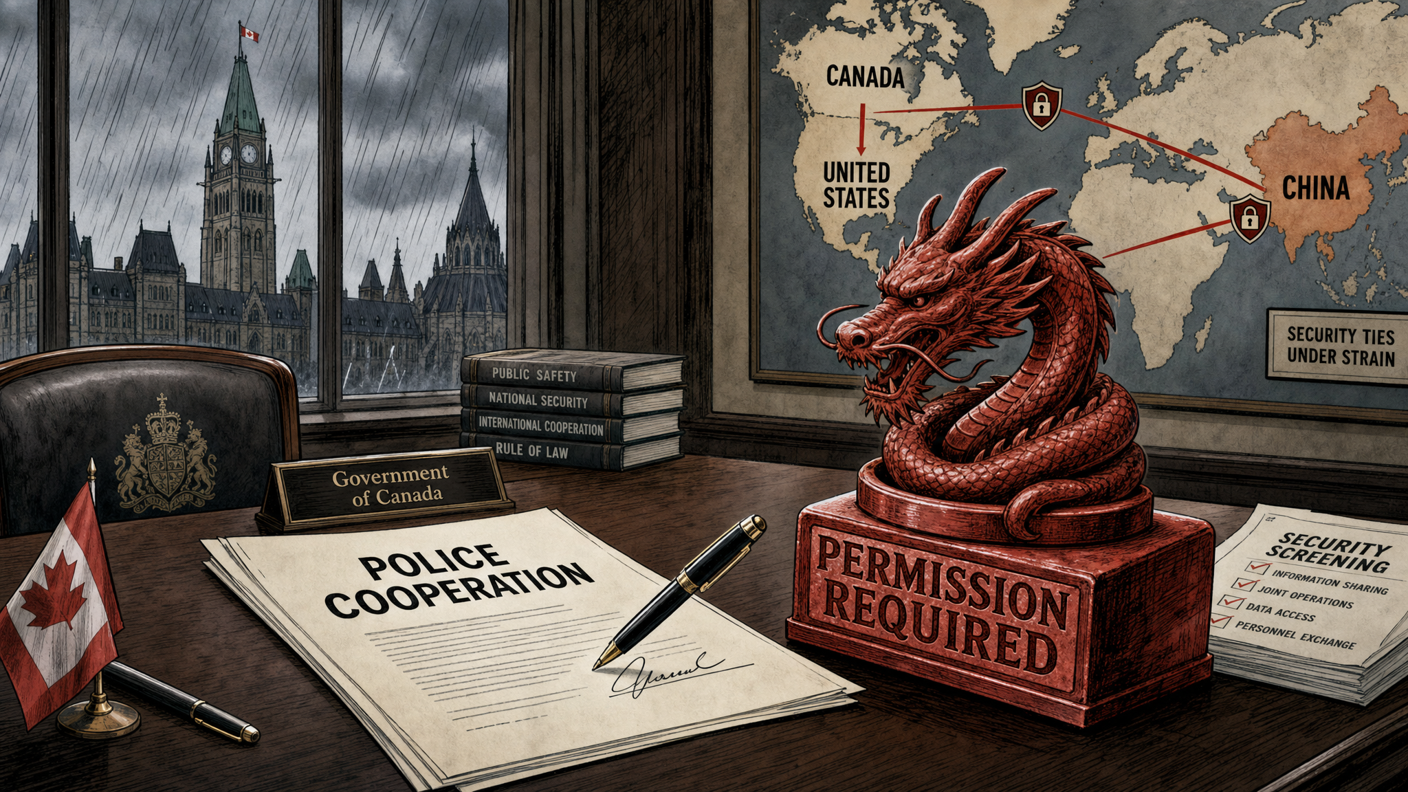 Editorial cartoon showing a Canada-China policing document stamped permission required
