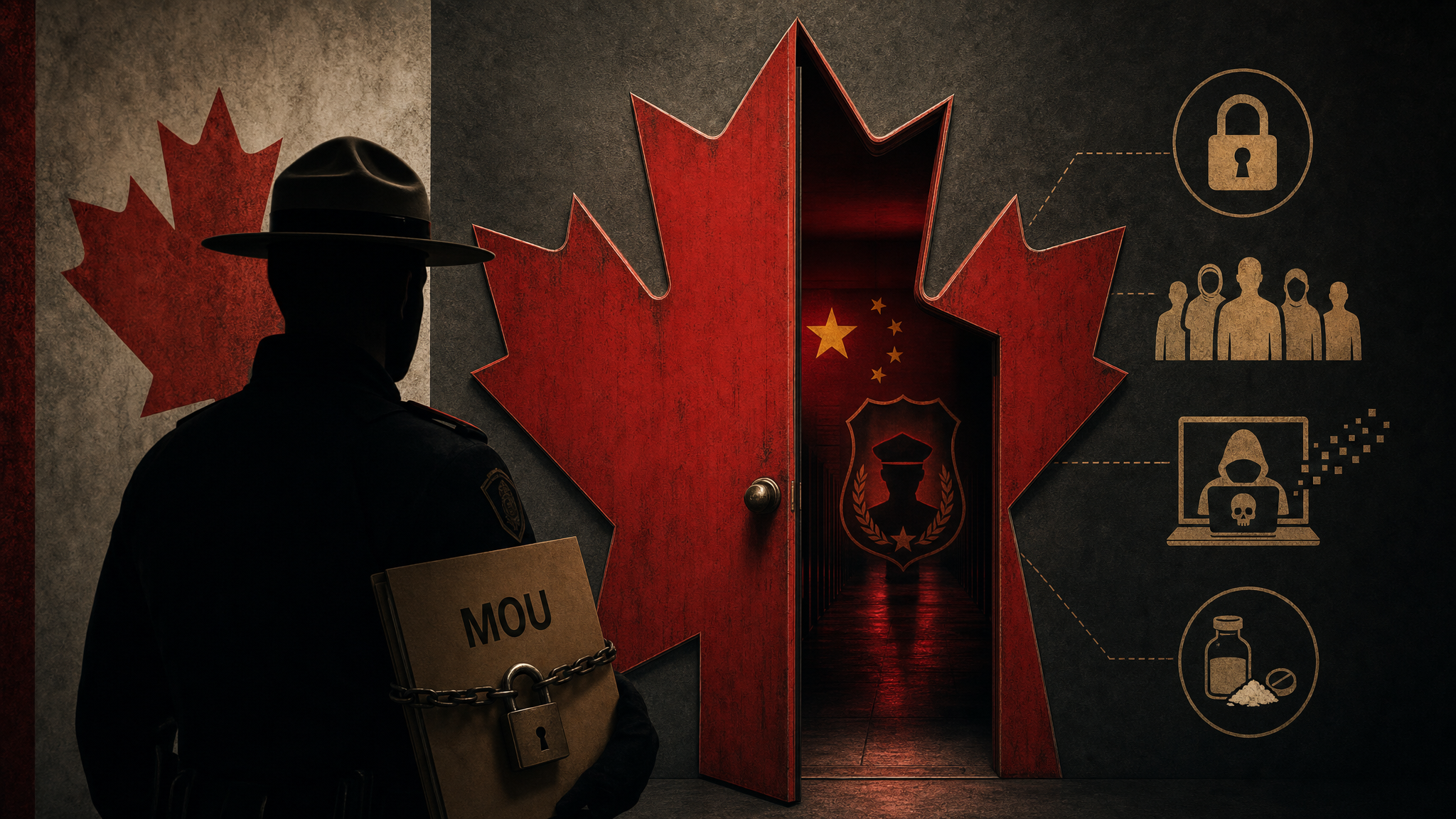 Editorial illustration of a sealed Canada-China police MOU, an open door and national-security symbols