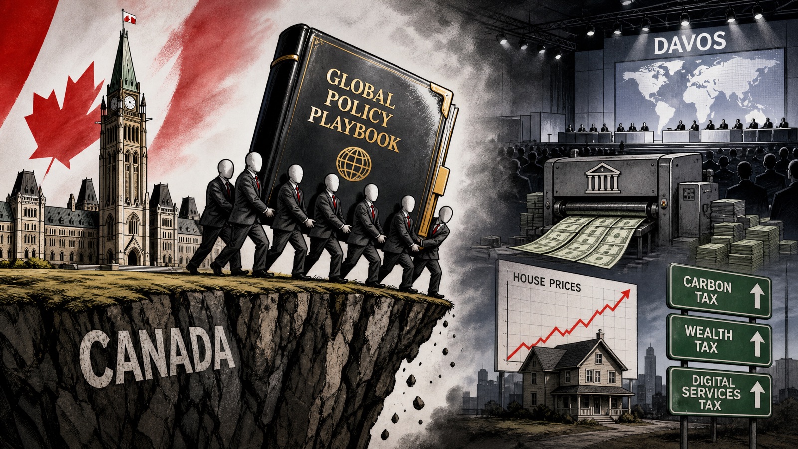 Editorial cartoon of Canada facing a global policy playbook, central bank money printer, Davos stage and rising house prices
