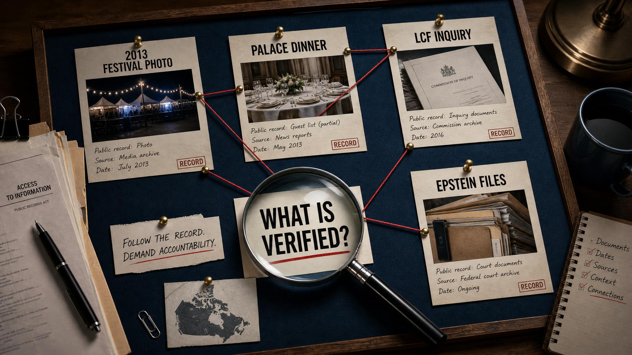 Editorial evidence board showing public record cards and a magnifying glass over what is verified